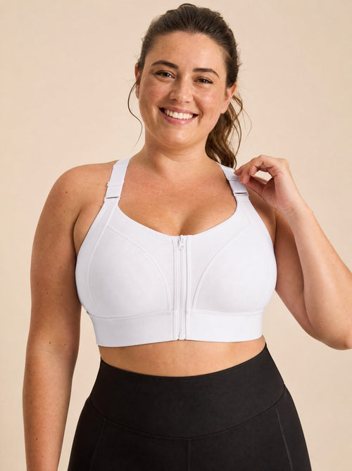 Brassière sport grande taille LOLO IMPACT blanche — zip avant et bretelles larges réglables